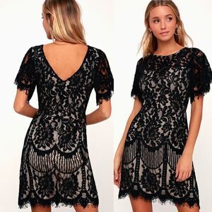 Lulus Pearson Black Lace Short Sleeve cocktail Dress low back LBD NYE XS